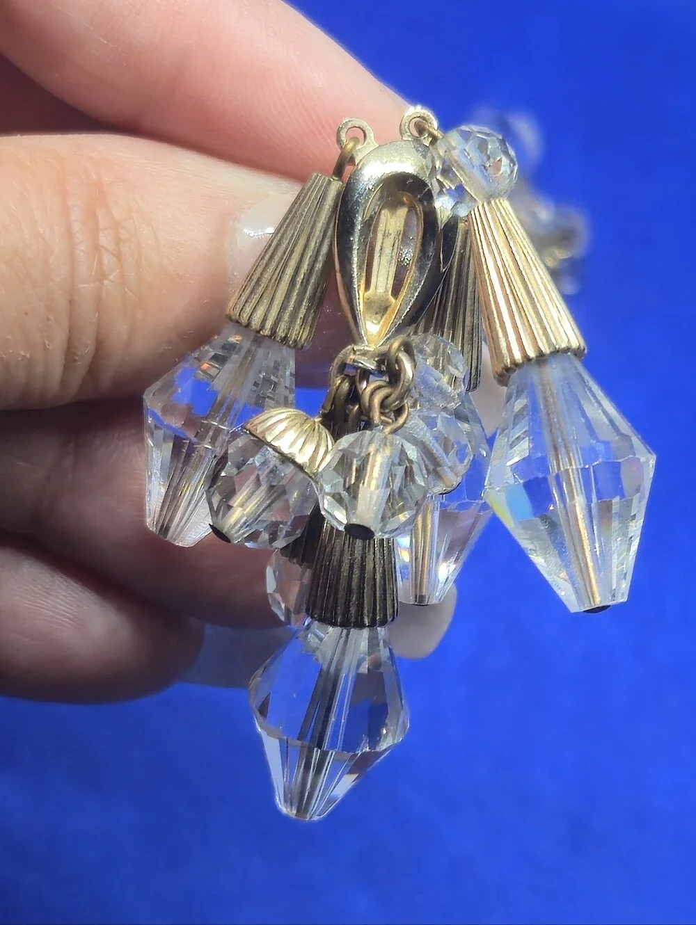 Vintage Napier Clear Crystal Glass Bead Waterfall Dangle Clipon Earrings Goldton
